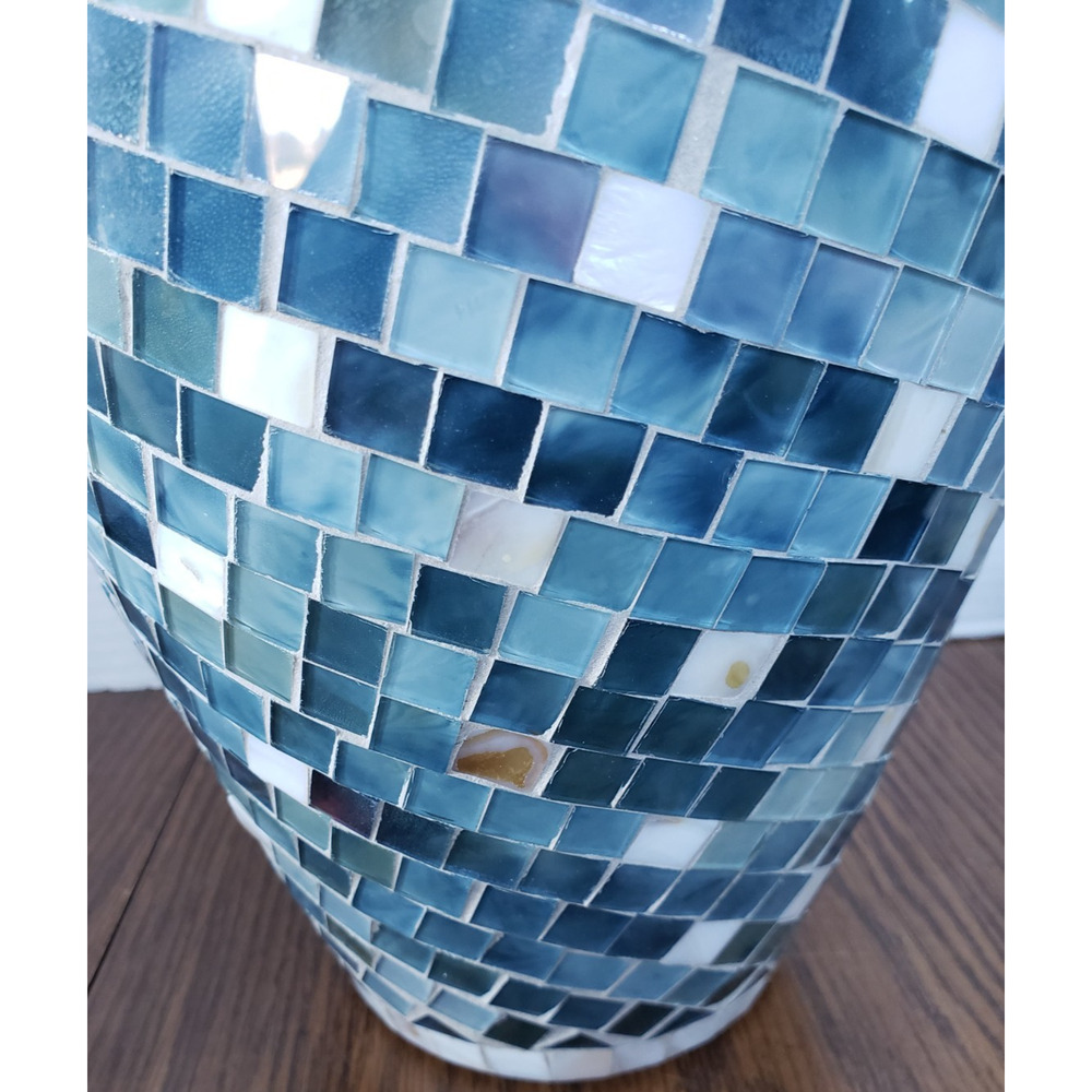 Mosaic 12 Inch Tall Blue White Tiled Glass Large Vase - Picture 6 of 15